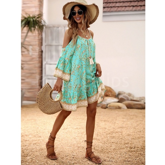 Mint Green Cold Shoulder Tassel Detail Loose Fitting Mini Dress Short Floral - Picture 3 of 10